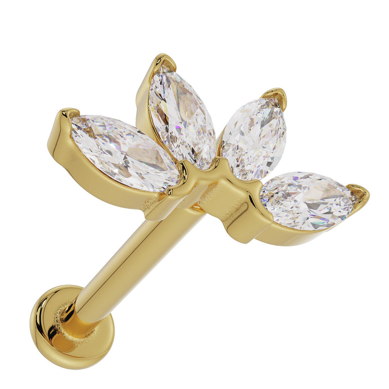 14k yellow gold 4 marquise CZ fan cartilage stud, front view showing prong settings and post