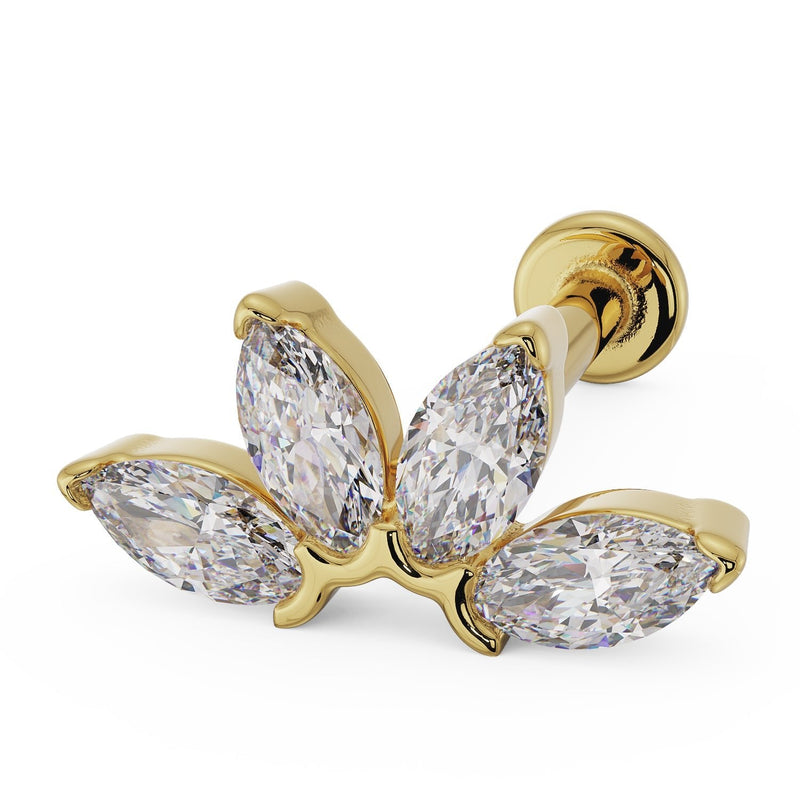 14k yellow gold marquise CZ fan flat back labret stud, angled view showing fan and disc