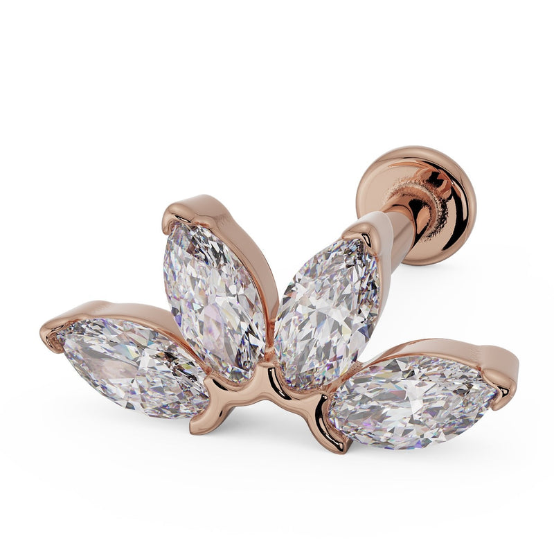 14k rose gold marquise CZ fan flat back labret stud, angled view showing warm tone and disc