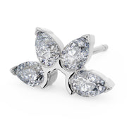 14K white gold pear fan stud earring with four pear-cut diamonds in floral arrangement, angled view