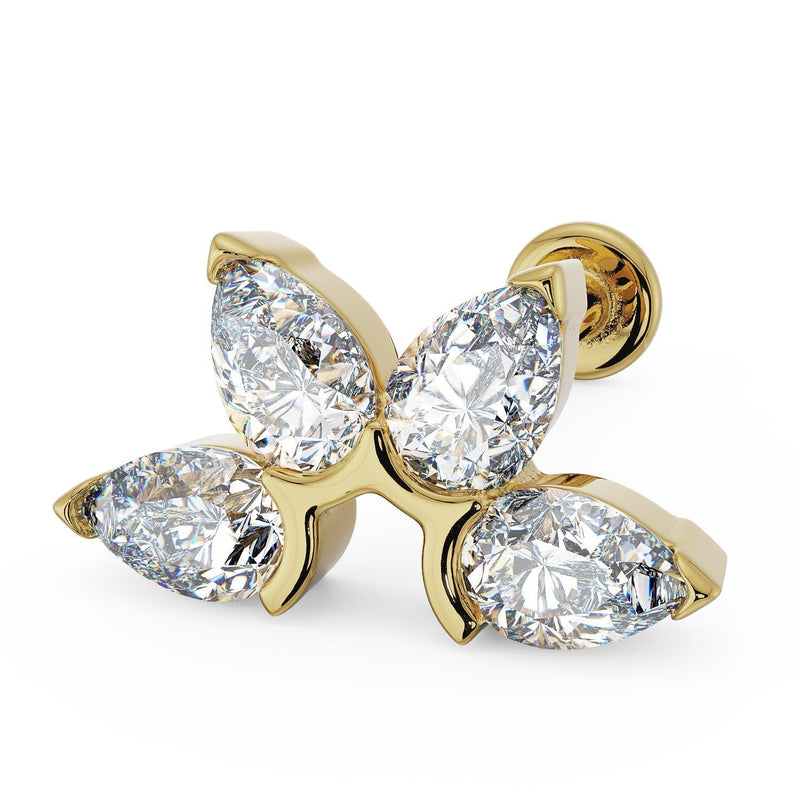 14k yellow gold 4 pear CZ flat back stud with fan setting, angled view showing warm gold tone