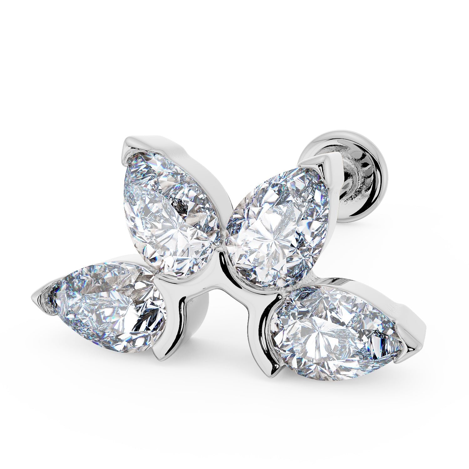 4 Pear Diamond Flat Back Stud Nose Lip Cartilage Earring - White Gold
