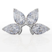 Front view of 14K white gold four-pear diamond fan stud earring showing floral setting detail