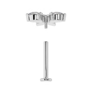 Disassembled white gold flat back stud showing threaded top end separated from flat back post