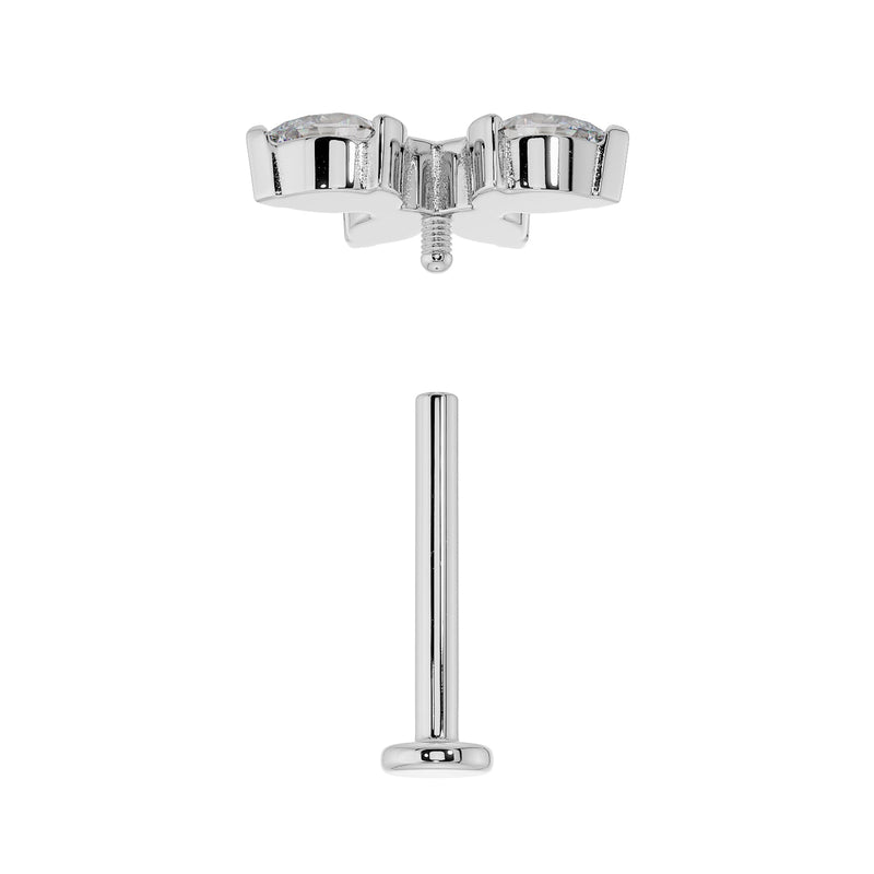 Disassembled white gold flat back stud showing threaded top end separated from flat back post