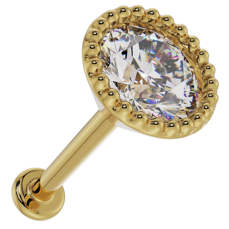 Yellow gold 4mm CZ milgrain flat back labret stud, side angle showing post length and flat disc backing