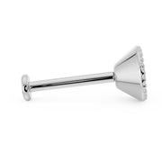 White gold milgrain flat back labret stud, side profile view showing post, flat back disc, and setting depth
