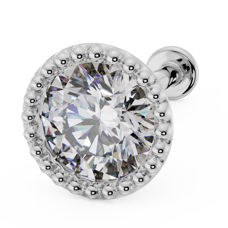 14k white gold 4mm CZ milgrain flat back labret stud, angled front view showing beaded halo detail