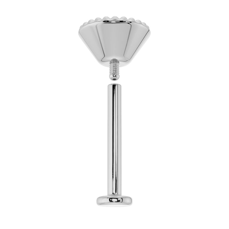 White gold milgrain flat back labret stud disassembled, showing threaded top and flat back post separately