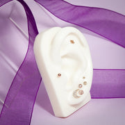 Rose gold ball labret studs styled on white ear display model with mixed cartilage piercings