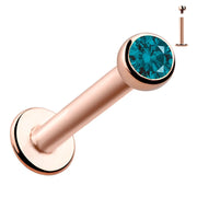 14k rose gold flat back labret with 2mm teal blue diamond bezel setting, front view with size inset