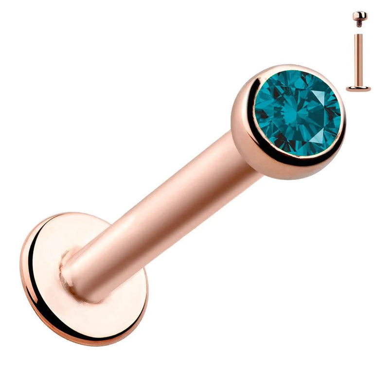 14k rose gold flat back labret with 2mm teal blue diamond bezel setting, front view with size inset