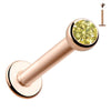 14k rose gold flat back labret with 2mm yellow diamond bezel setting, angled view with post inset