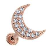 14k rose gold diamond crescent moon flat back stud with pavé diamonds, angled front view