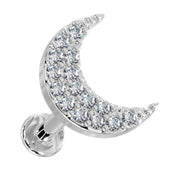 14k white gold diamond moon labret stud, front-facing view showing crescent shape and flat disc back