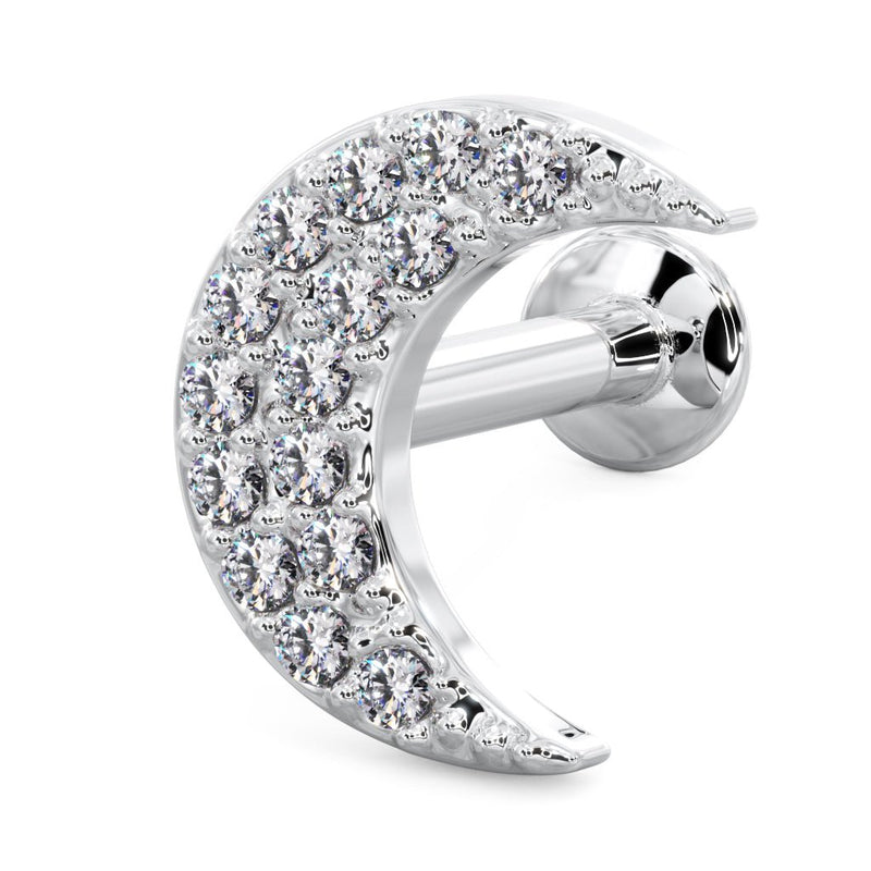 14k white gold diamond crescent moon flat back stud, angled view highlighting pavé stone sparkle