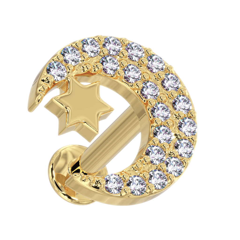 Diamond Moon with Star Cartilage Earring Lip Tragus Nose Flat Back Stud-14k Yellow Gold   14G (1.6mm)   3 8