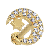 14k yellow gold diamond crescent moon and star flat back labret, angled front view