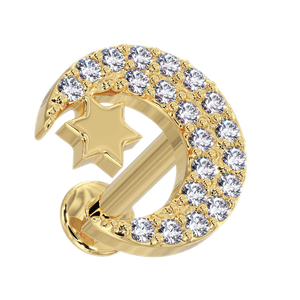 14k yellow gold diamond crescent moon and star flat back labret, angled front view