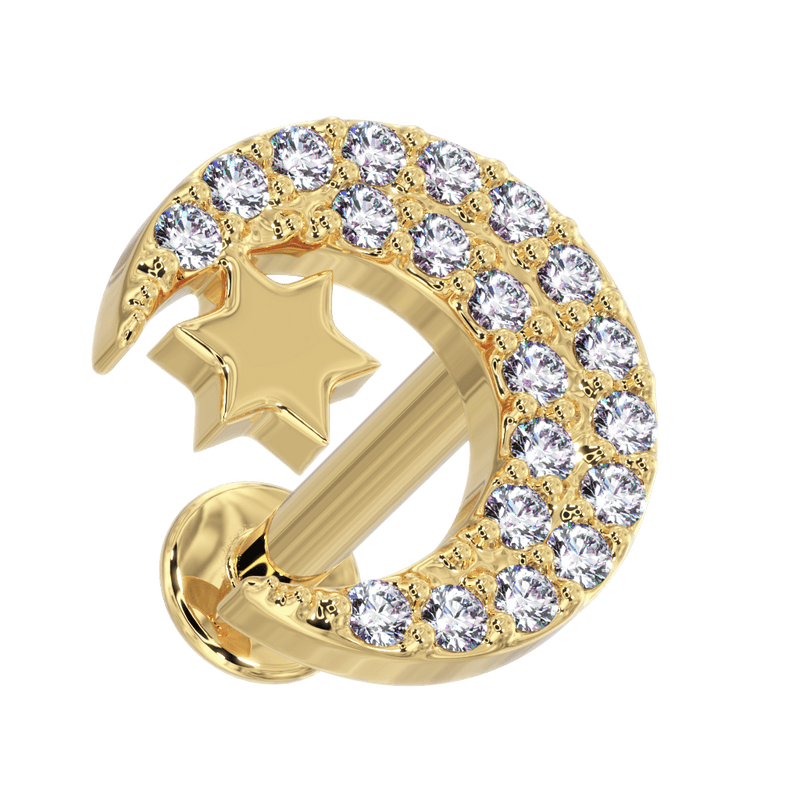 14k yellow gold diamond crescent moon and star flat back labret, angled front view