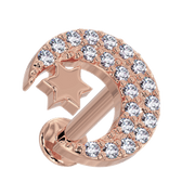 14k rose gold diamond crescent moon and star flat back labret stud, angled front product view