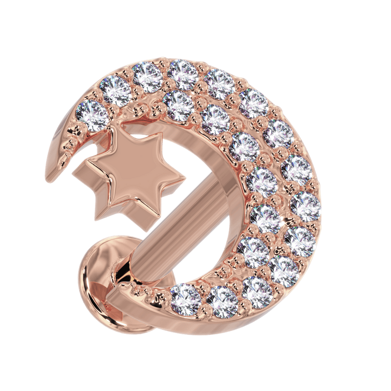 14k rose gold diamond crescent moon and star flat back labret stud, angled front product view