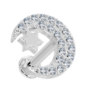 14k white gold diamond crescent moon and star flat back labret, close-up angled overhead view