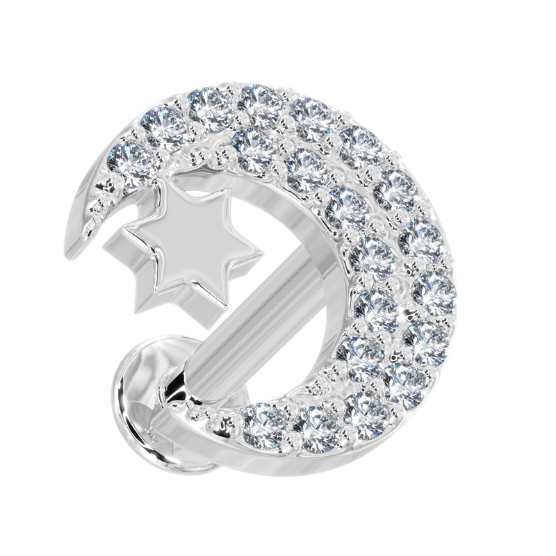 14k white gold diamond crescent moon and star flat back labret, close-up angled overhead view