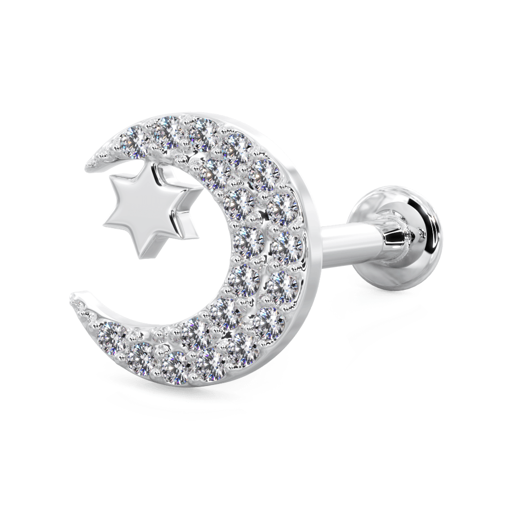 Diamond Moon with Star Cartilage Earring Lip Tragus Nose Flat Back Stud
