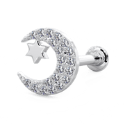 14k white gold diamond moon and star flat back labret, angled view showing post and ball end