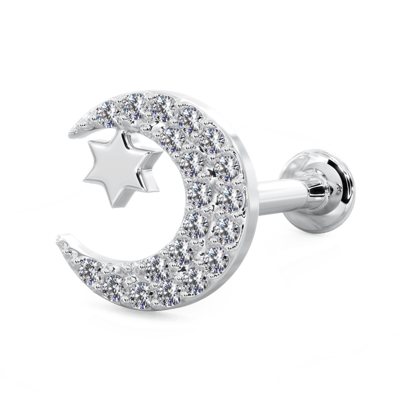 14k white gold diamond moon and star flat back labret, angled view showing post and ball end