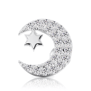 14k white gold diamond crescent moon and star cartilage flat back stud, straight-on front view