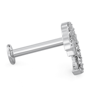 Side profile of 14k white gold diamond moon flat back labret showing post length and flat disc back