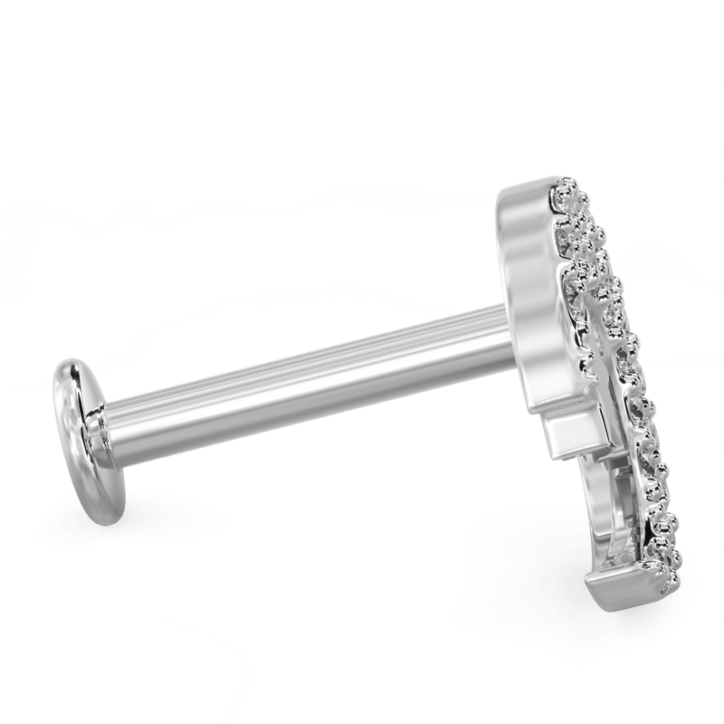Side profile of 14k white gold diamond moon flat back labret showing post length and flat disc back