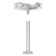 Exploded reverse view of 14k white gold diamond moon labret showing internal threading and flat back