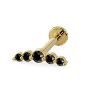 14K yellow gold black diamond climber flat back labret, angled view showing post and flat backing