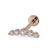 14K rose gold mini climber flat back earring with 5 bezel-set CZs, angled front view