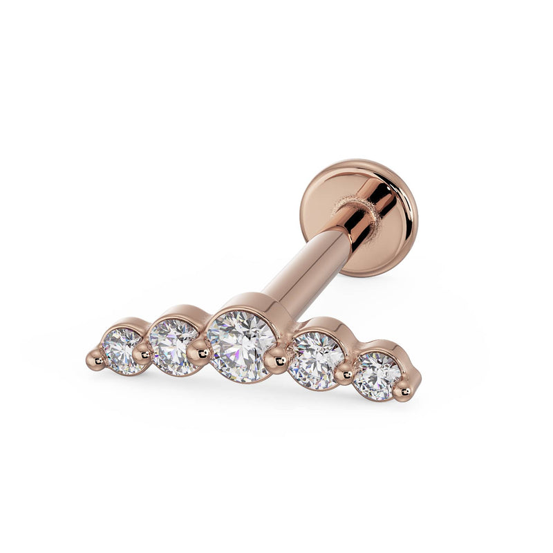 14K rose gold mini climber flat back earring with 5 bezel-set CZs, angled front view