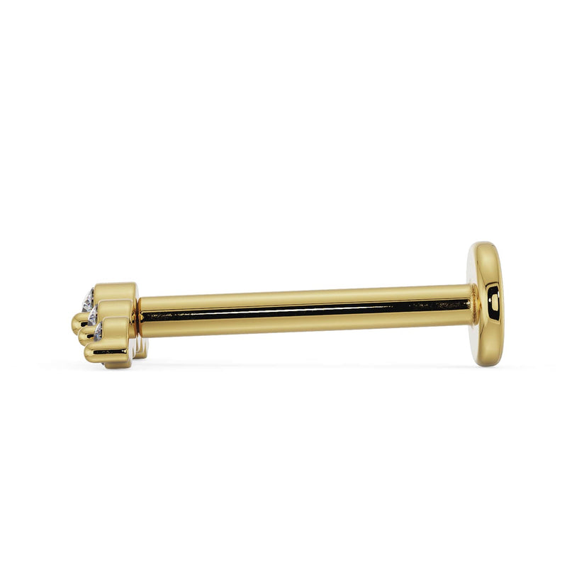 Side profile of 14K yellow gold diamond climber labret showing flat back disc and post length