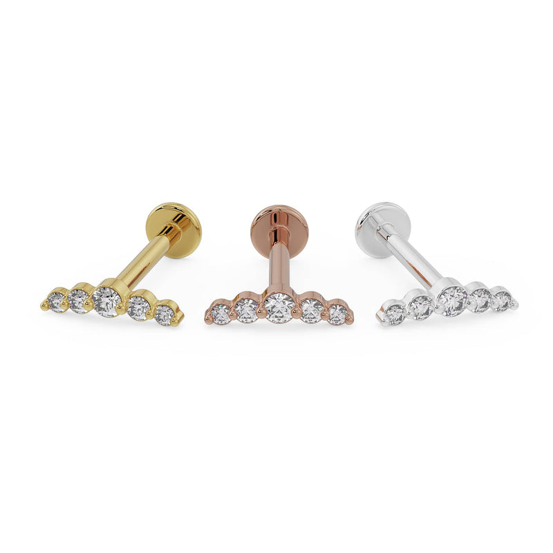 All three metal options side by side: 14K yellow gold, rose gold, and white gold diamond climber labrets