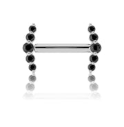 14k white gold black diamond mini climber barbell nipple ring, front view showing silver-toned setting