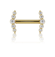 14k yellow gold VS1 diamond mini climber nipple barbell, front view with both ends threaded on