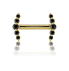 14k yellow gold black diamond mini climber barbell nipple ring, front view of dual climbing ends