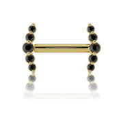 14k yellow gold black diamond mini climber barbell nipple ring, front view of dual climbing ends