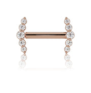 14K rose gold CZ mini climber nipple barbell, front view with fully assembled threaded ends