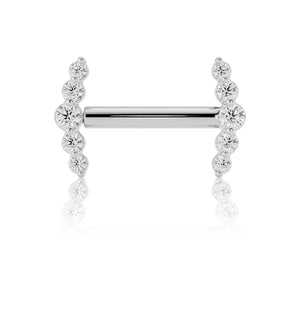 14K white gold CZ mini climber nipple barbell, front view showing 10 cubic zirconia climbing ends