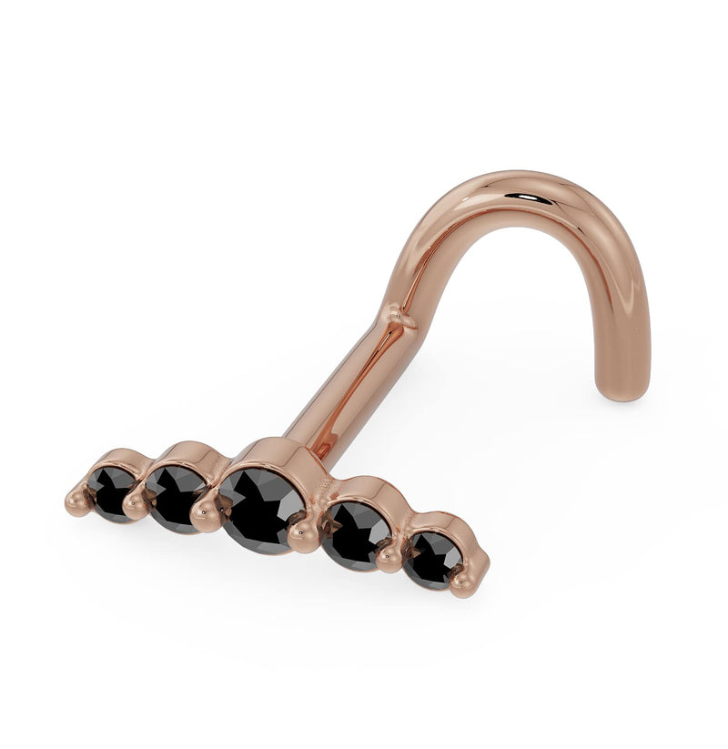 14K rose gold black diamond climber nose ring with twist post, side angle view