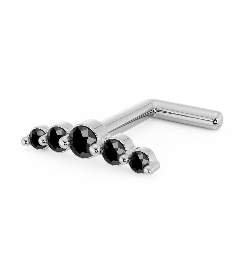 14K white gold black diamond climber nose ring with L-shaped post, side profile