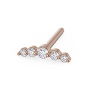 14K rose gold mini climber nose ring with straight post, side view of graduating diamond bar