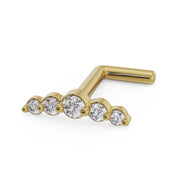 14K yellow gold mini climber nose ring with L-shaped post and 5 graduated CZ stones, side view